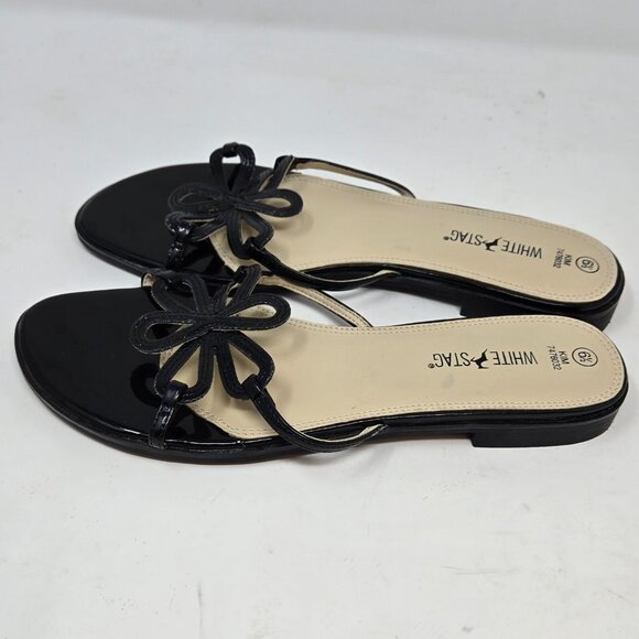 White Stag Womens Black Open-Toe Sandals Flower Detail Size 6.5 Faux Leather Sli - Picture 2 of 9